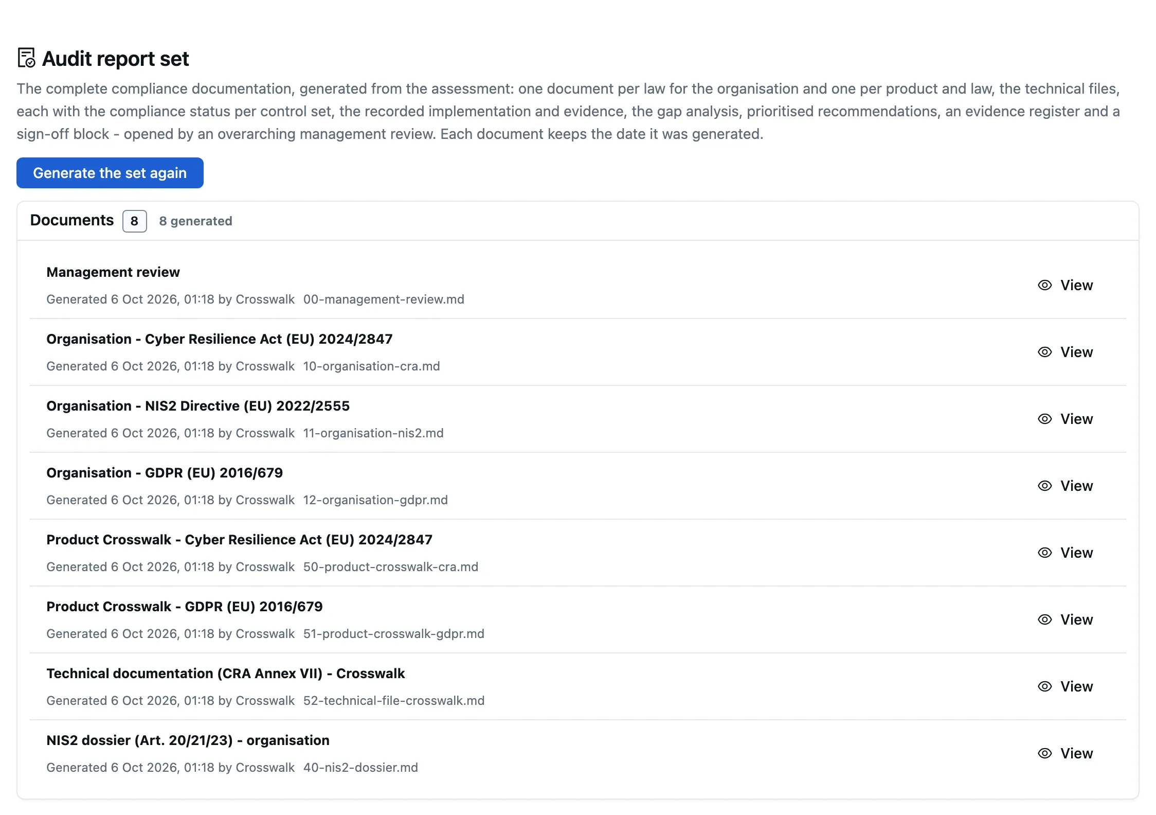 The audit report set under Prove: the generated documents, each with the date it was generated and View