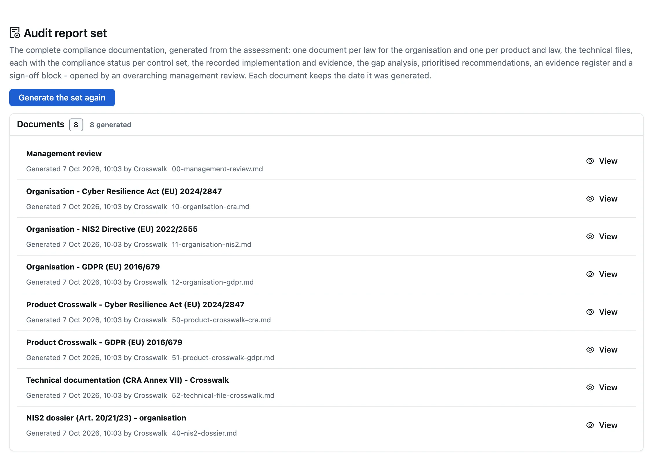 The audit report set under Prove: the generated documents, each with the date it was generated and View