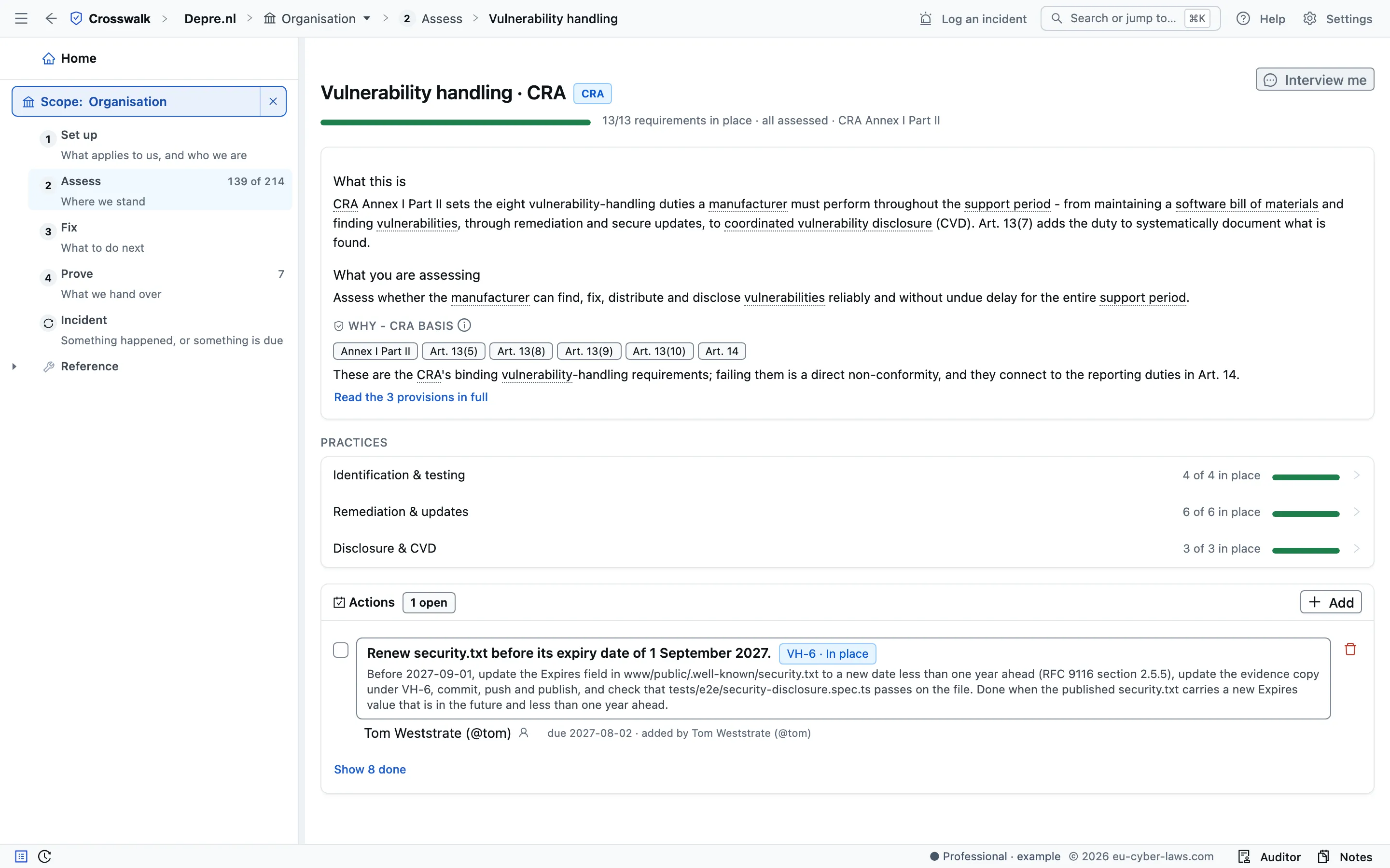 A checklist in Crosswalk, Vulnerability handling under the CRA: what is assessed and why, the articles behind it, the practices with their requirements in place, and an action with an owner and a due date