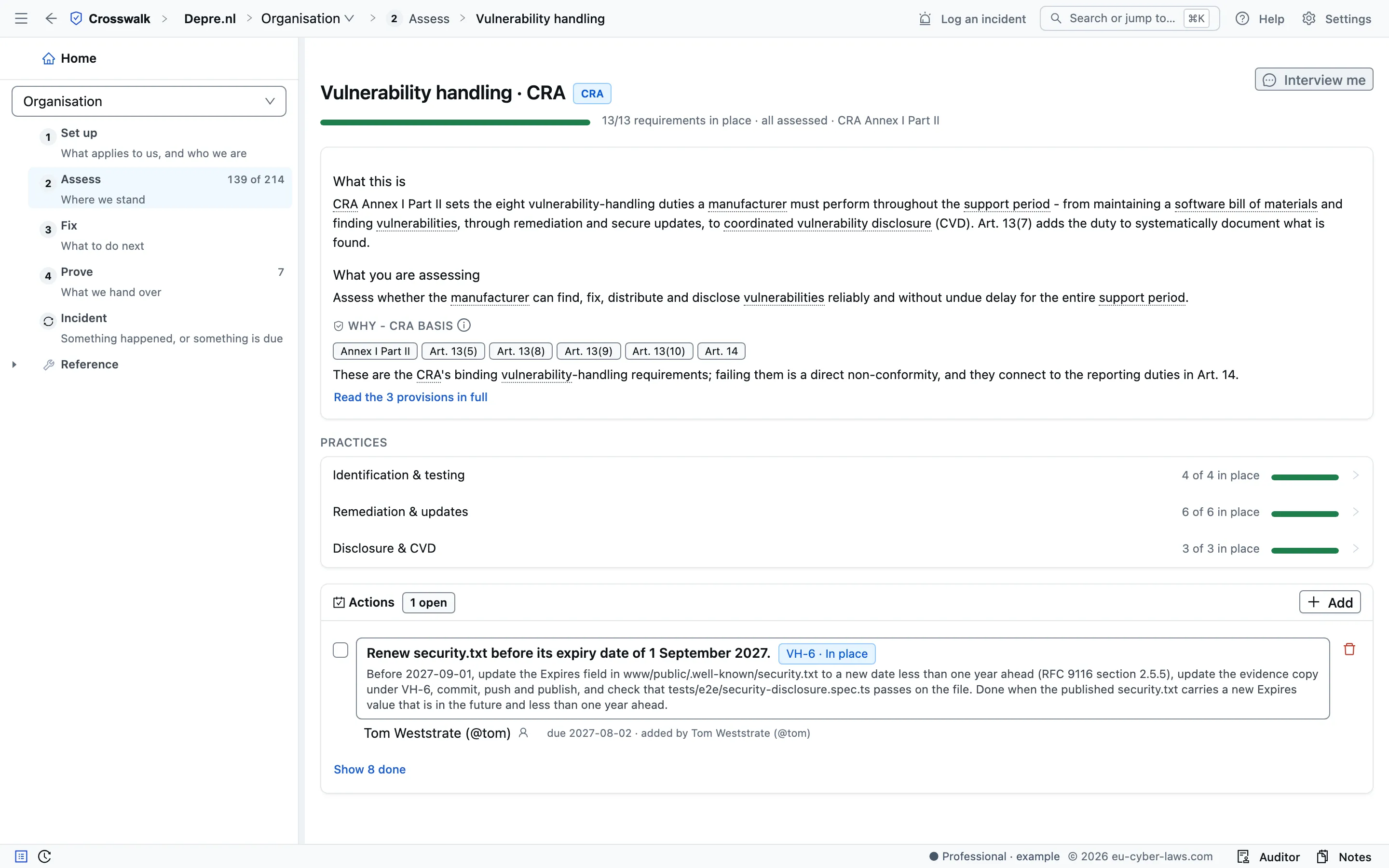 A checklist in Crosswalk, Vulnerability handling under the CRA: what is assessed and why, the articles behind it, the practices with their requirements in place, and an action with an owner and a due date