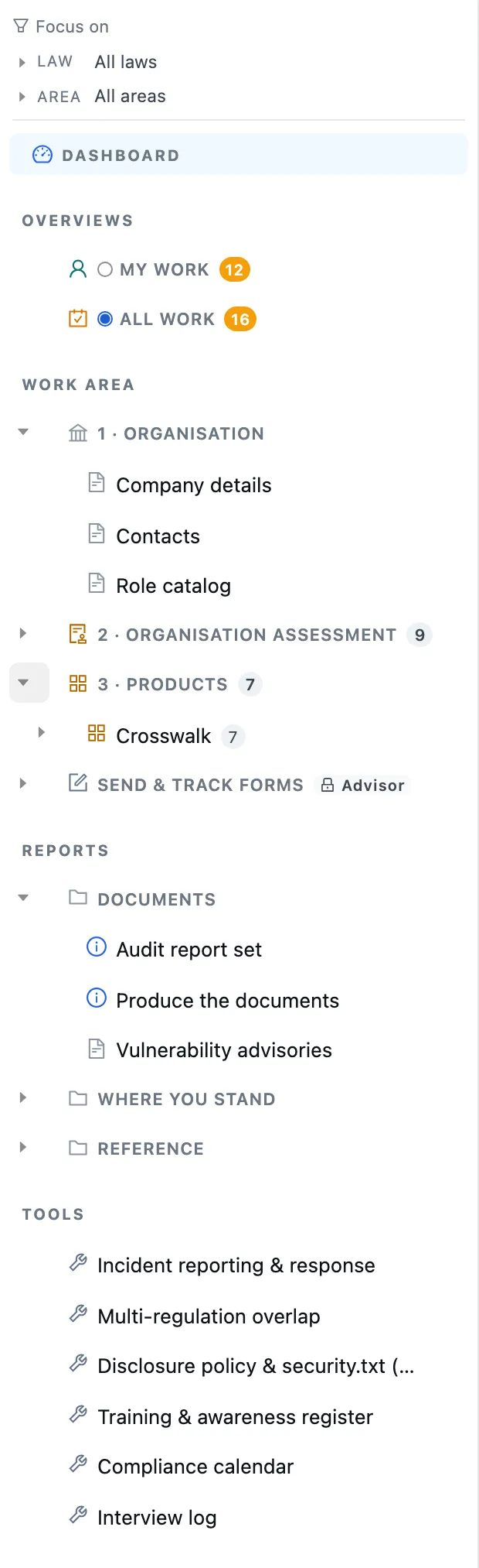 The navigation tree of a Crosswalk project: dashboard, organisation, organisation assessment, products, reports and tools