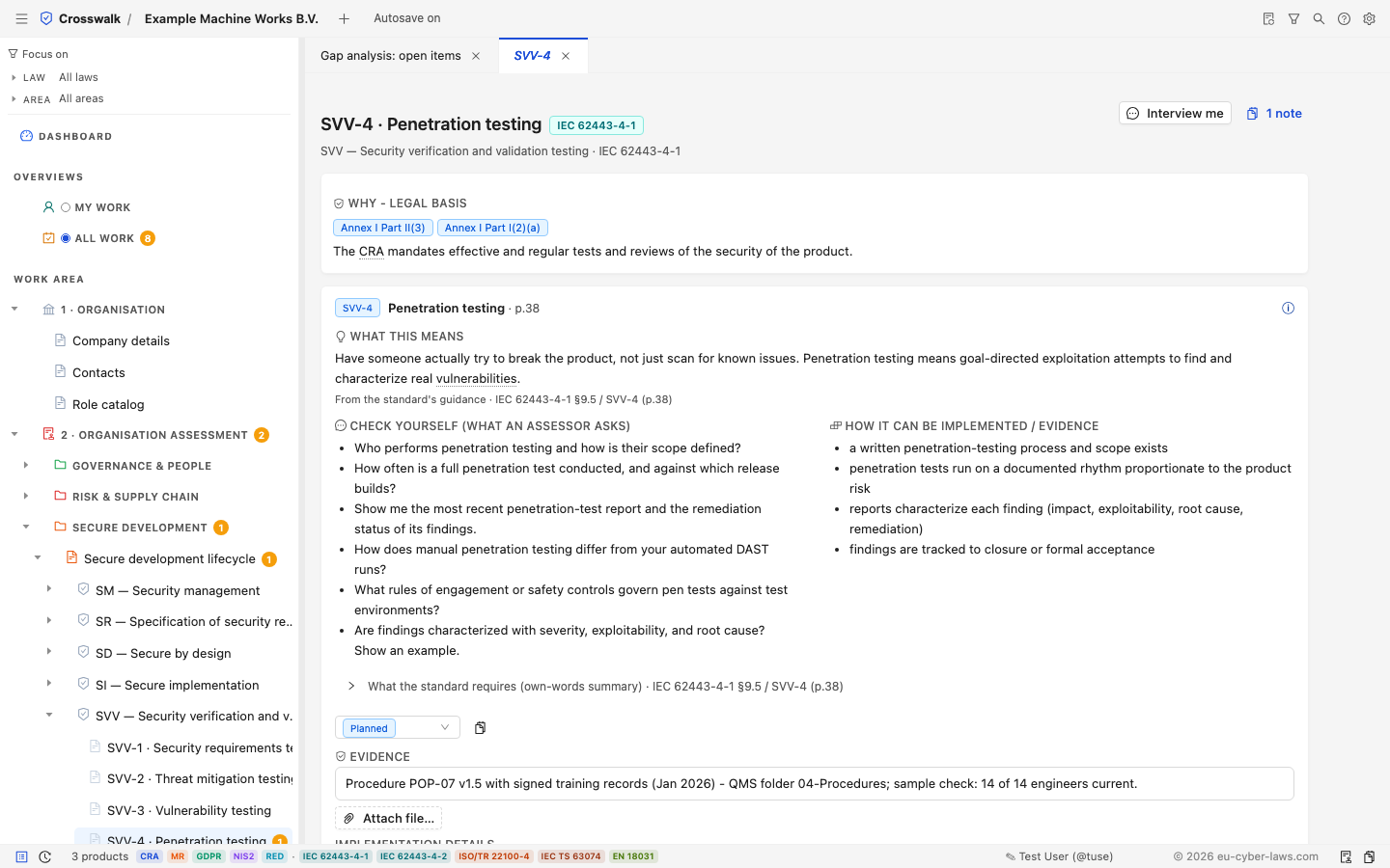 A control being assessed — Penetration testing (SVV-4): legal basis, the questions an auditor asks, evidence prompts and a status, with an AI Interview-me assistant.