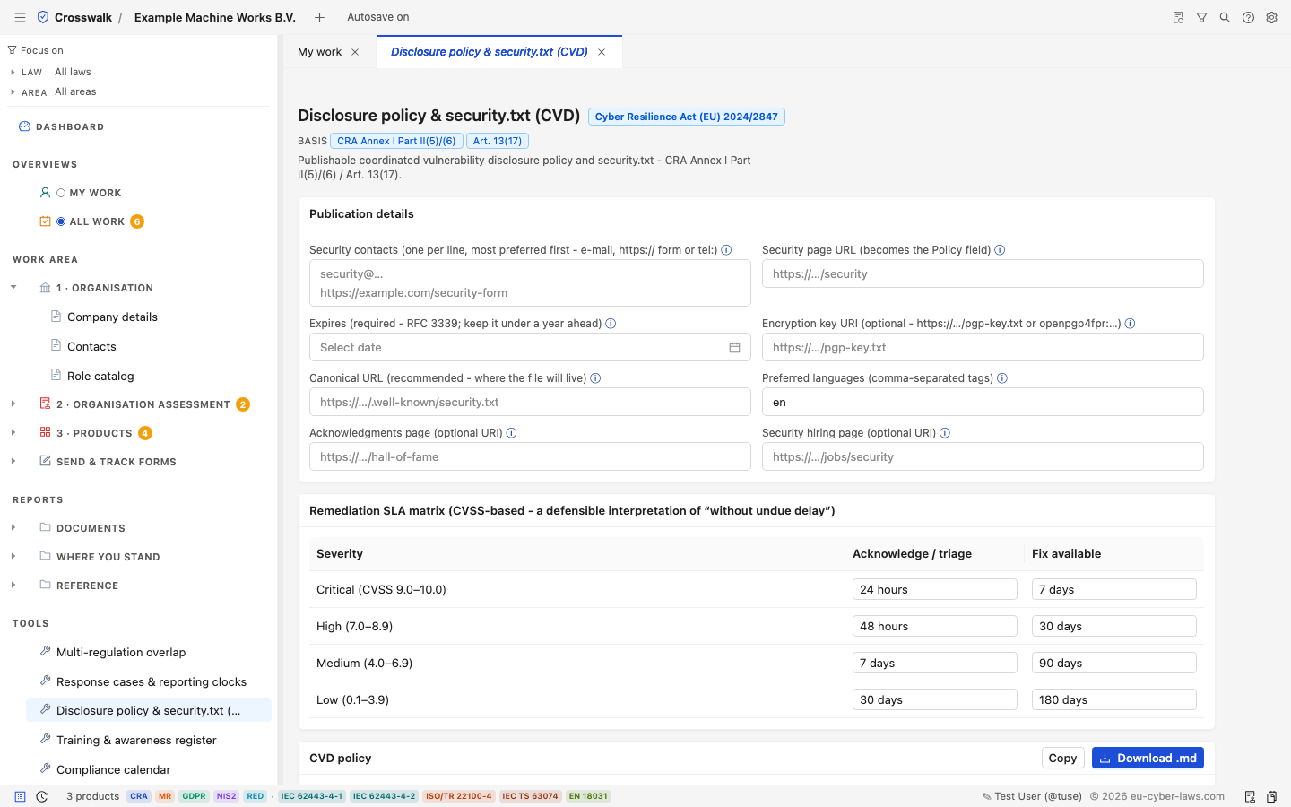 Coordinated vulnerability disclosure policy and security.txt generator with a CVSS-based remediation SLA matrix.